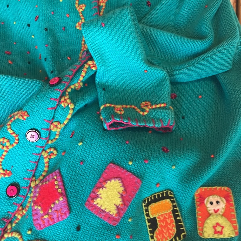Susan Bristol Plus Size 2X Turquoise Blue Holiday Long Sleeve Cardigan Sweater - Picture 9 of 10